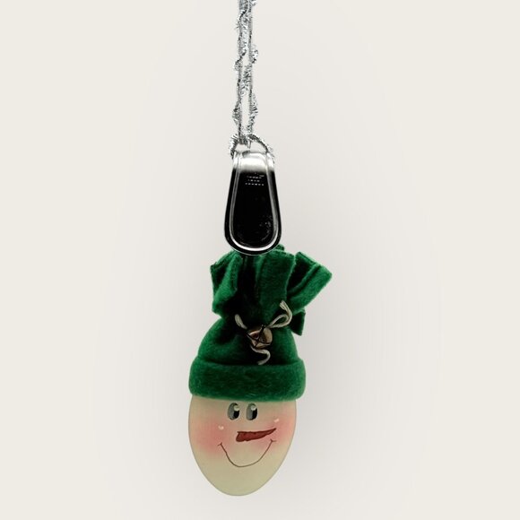 Handmade Spoon Snowman Christmas Ornament Green Felt Hat Bell - Picture 1 of 5